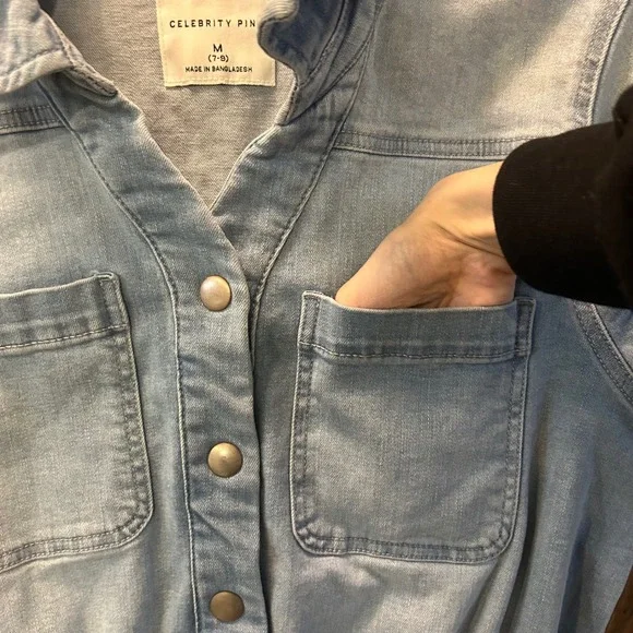 Celebrity Pink Denim Romper Juniors Womens M 7-9 Chambray Utility Jumpsuit - Picture 4 of 7